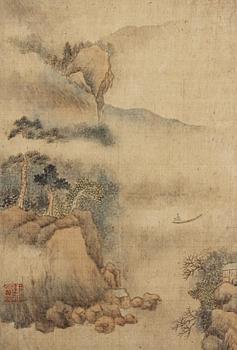 ALBUM, med 12 landskapsmålningar i Wang Huis (1632-1717) stil, Qingdynastin, 1800-tal.