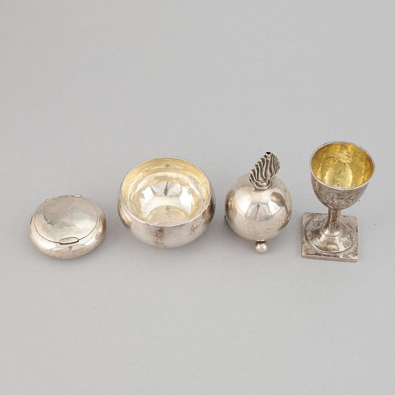 Bowl, cup, box, and flask, silver, Sweden and england, 19-20th century.