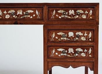 A Chinese writng desk with stone placques and mother of pearl inlay, late Qing dynasty.