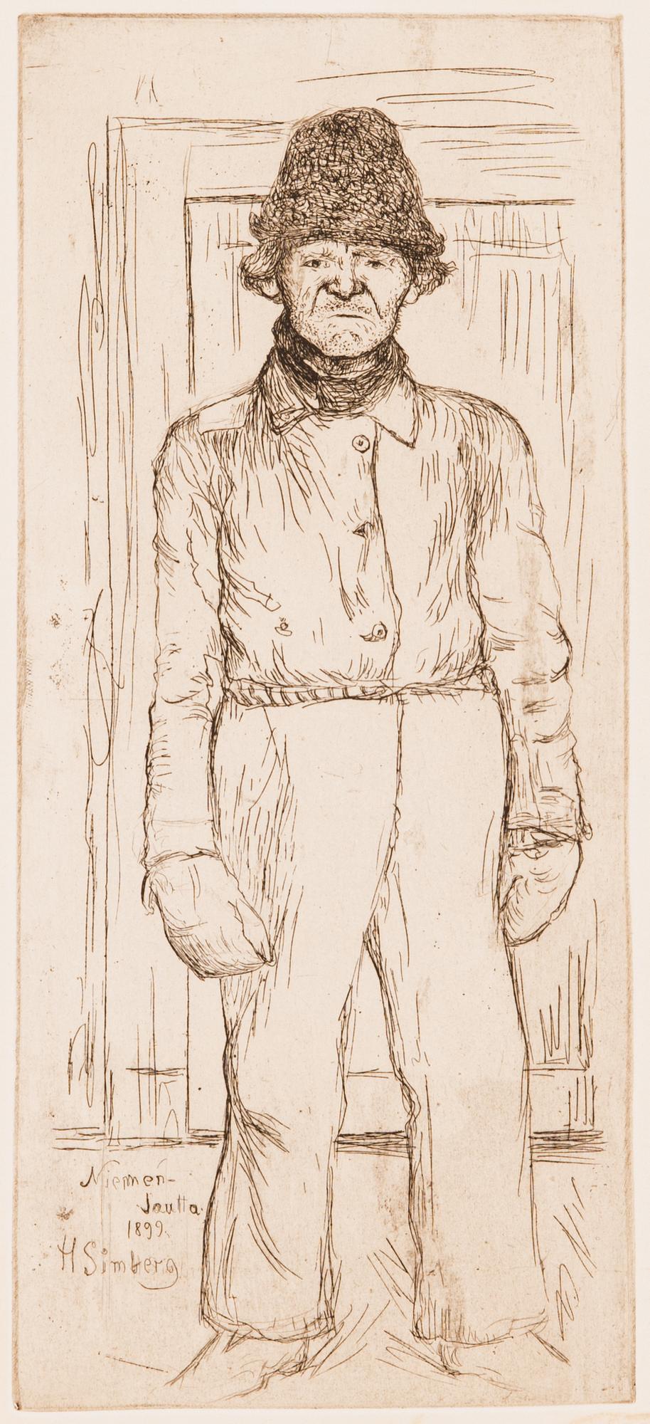 Hugo Simberg, linjeetsning, plåtsignerad och märkt "Niemenlautta 1899".