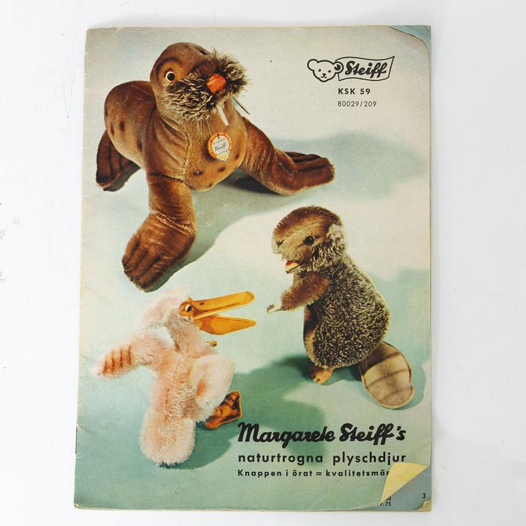 Leksaksdjur, 10 st, Steiff, med katalog, 1950-/60-tal.