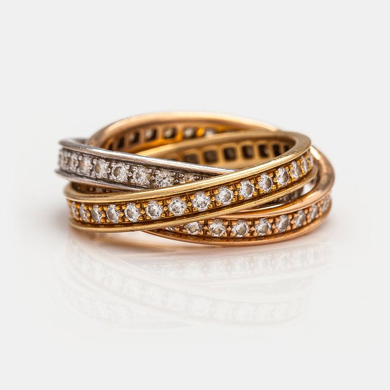 Cartier, "Trinity", an 18K white, yellow and red gold ring with diamonds ca. 1.98 ct in total. Marked Cartier, 698018 54.