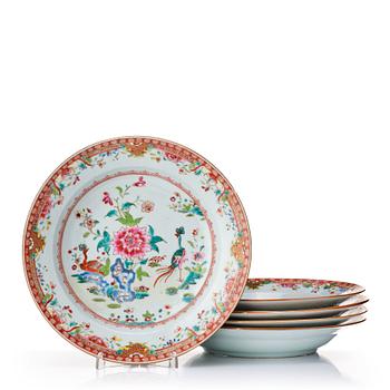 972. A set of five famille rose double peacock dishes, Qing dynasty, Qianlong (1736-95).