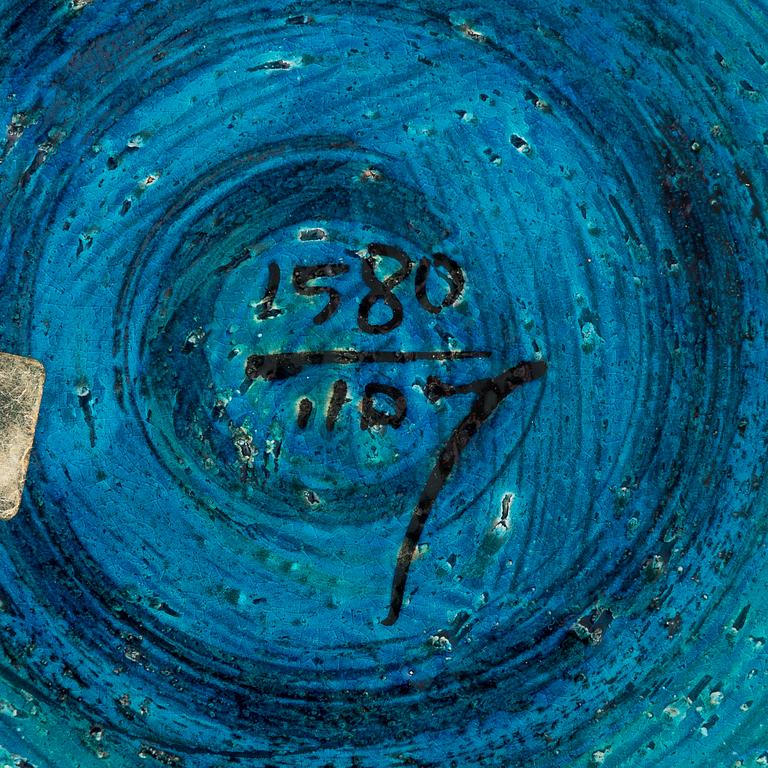 Aldo Londi, Pöytävalaisin ja maljoja, 3 kpl, keramiikkaa, "Rimini blu", Bitossi, Italia, 1900-luvun puoliväli.