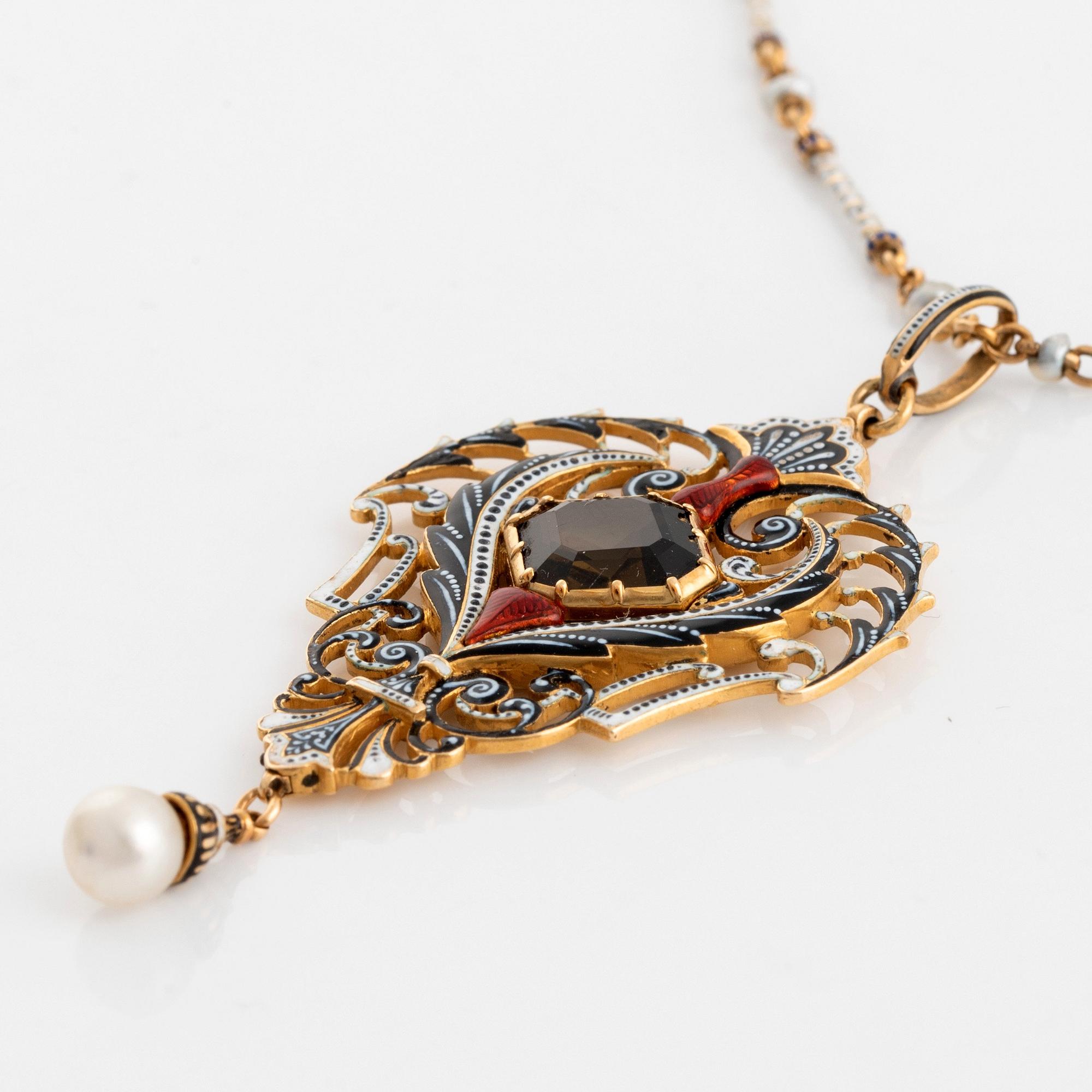 A C Giuliano 18K gold and enamel necklace set with a  faceted tourmaline and a pearl.