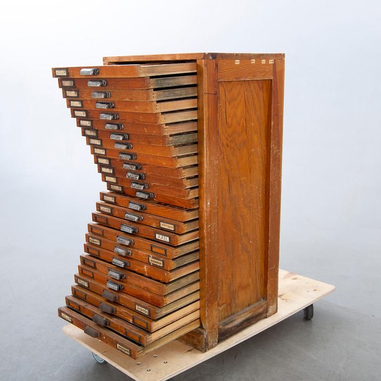 Arkivskåp för typsnitt, "Boklund" omkring 1900.