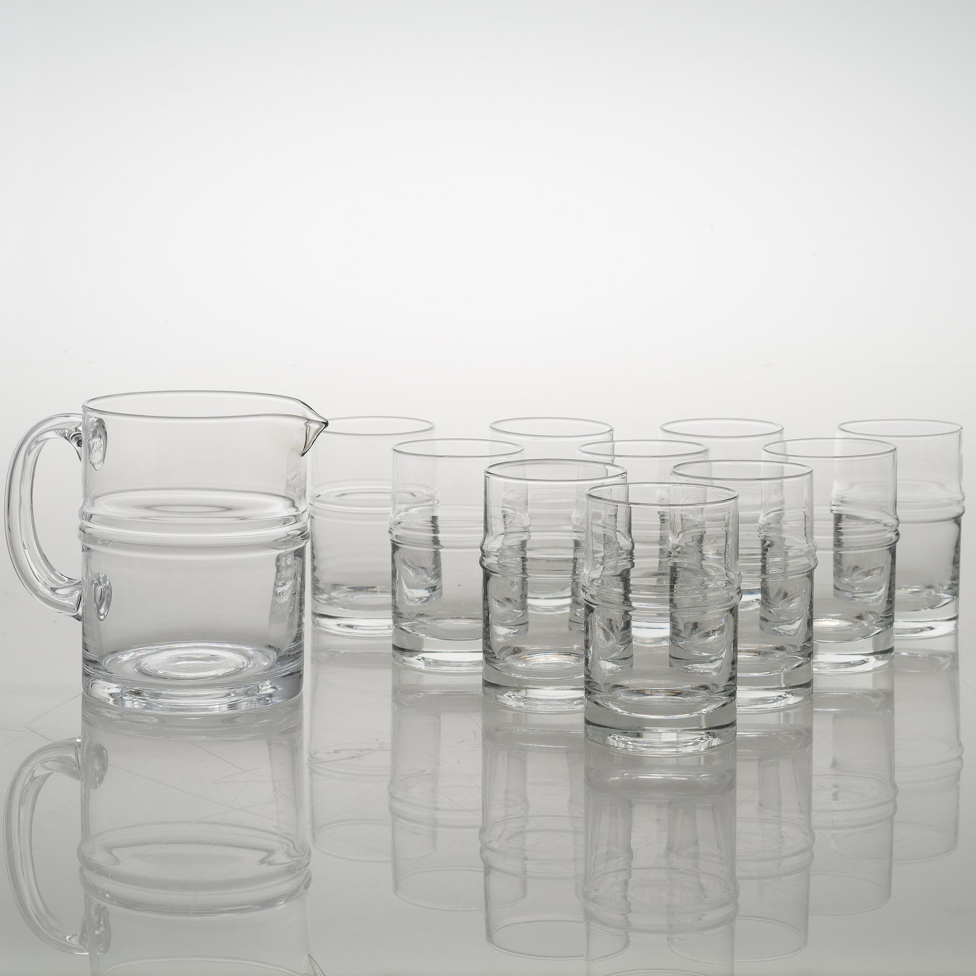 TIMO SARPANEVA, set of 10 drinking glasses and a jug, 'Ripple' 2054 for Iittala.