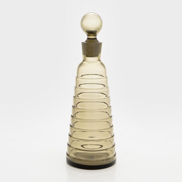 Aino Aalto, karaff och dricksglas, 8 st, "Bölgeblick" samt fat, Karhula Glasbruk 1930-tal.