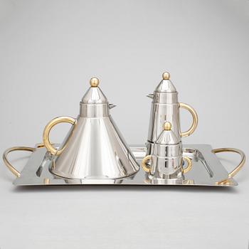 KAFFE-/THÉSET, 4 delar, Orchidea, Inoxpran, metall och mässing, 70/80-tal, märkta "Desingstudio Pran".