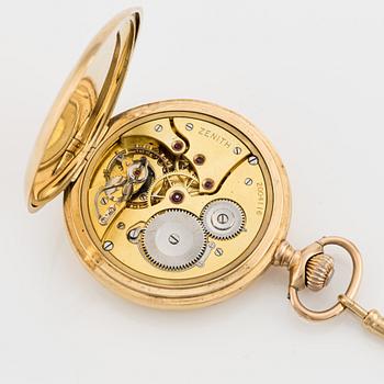 Zenith, pocket watch 18K gold, chain 18K gold, hunter, 51.5 mm.