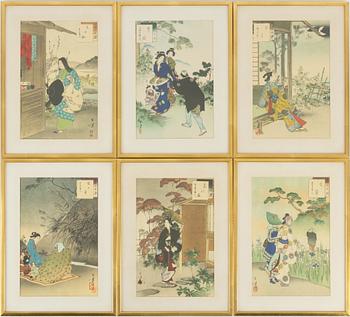 Toshikata Mizuno, a group of six Nishiki-e woodblock prints from the series 'Thirty-six Elegant Selections'.