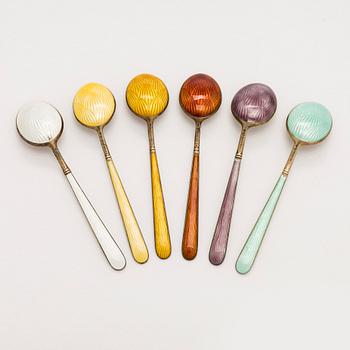 Tillander, a 12-piece set of enamelled and gilt silver coffee spoons, Helsinki 1930-1955.