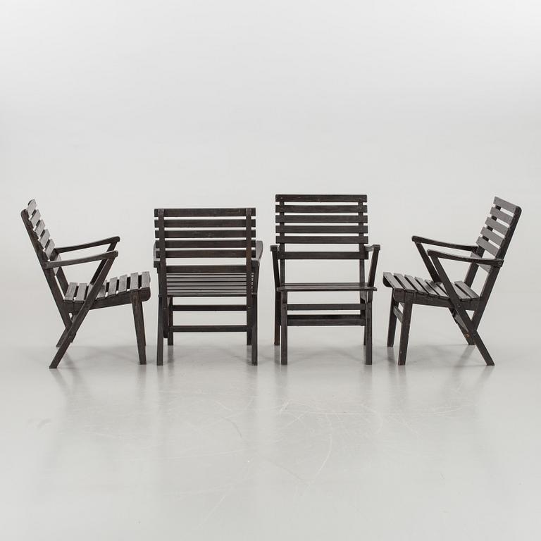 CARL MALMSTEN, garden furniture 'Bergshamra', four chairs and a round table. Mid 20 th century.