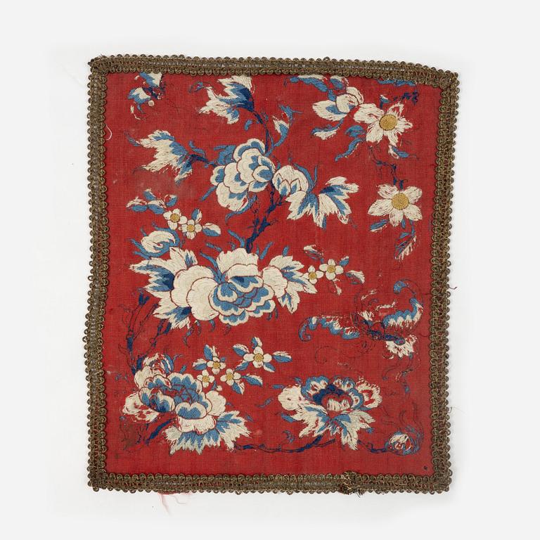 Two rank badges, two embroideries, and a brocade, China, part Qing dynasty.