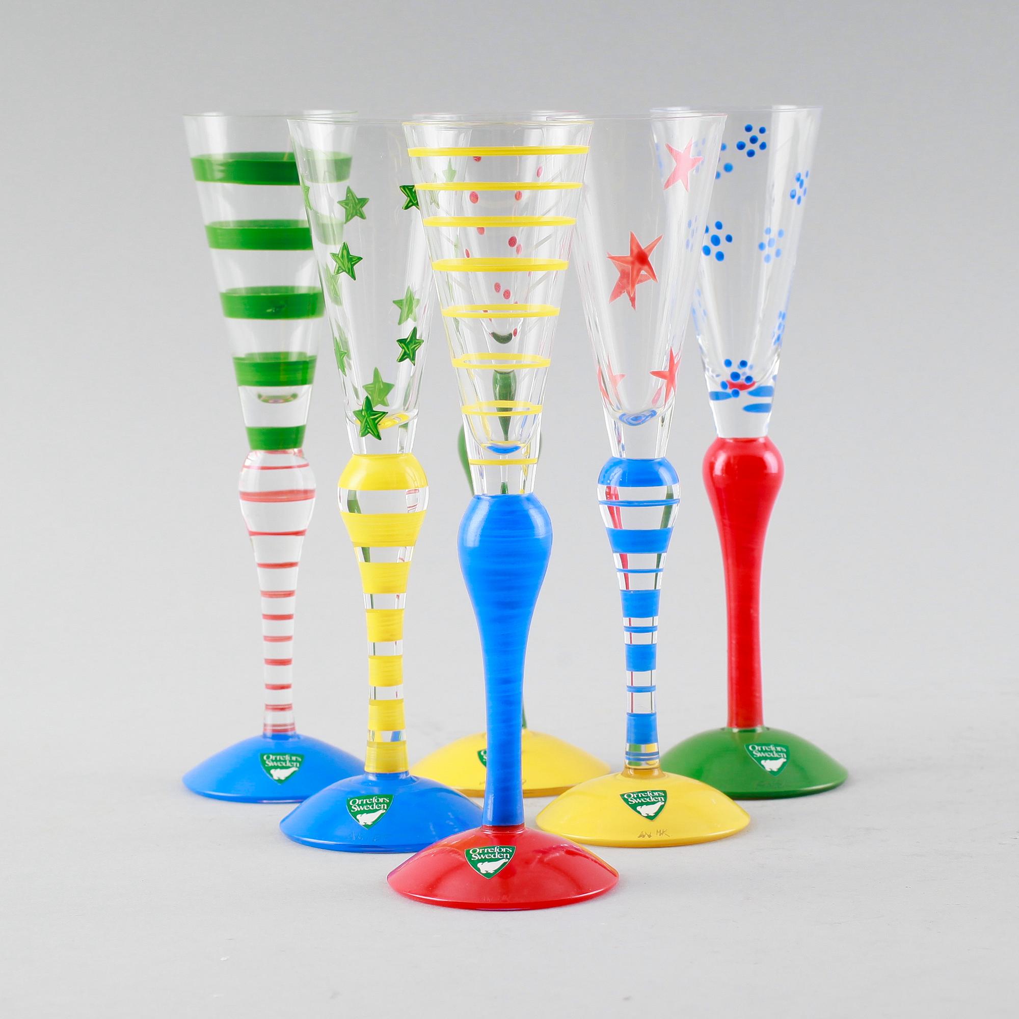 SNAPSGLAS, 6 st, "Clown", Anne Nilsson, Orrefors, 1900-talets slut.