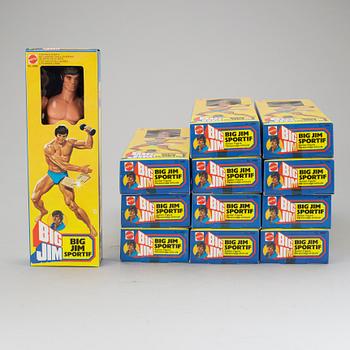 BIG JIM, 12 stycken actionfigurer i originalkartong och fraktlåda, Mattel, 1980.