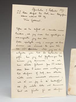 August Strindberg, handskrivet och undertecknat brev. Daterat Djursholm 9 september 1891.