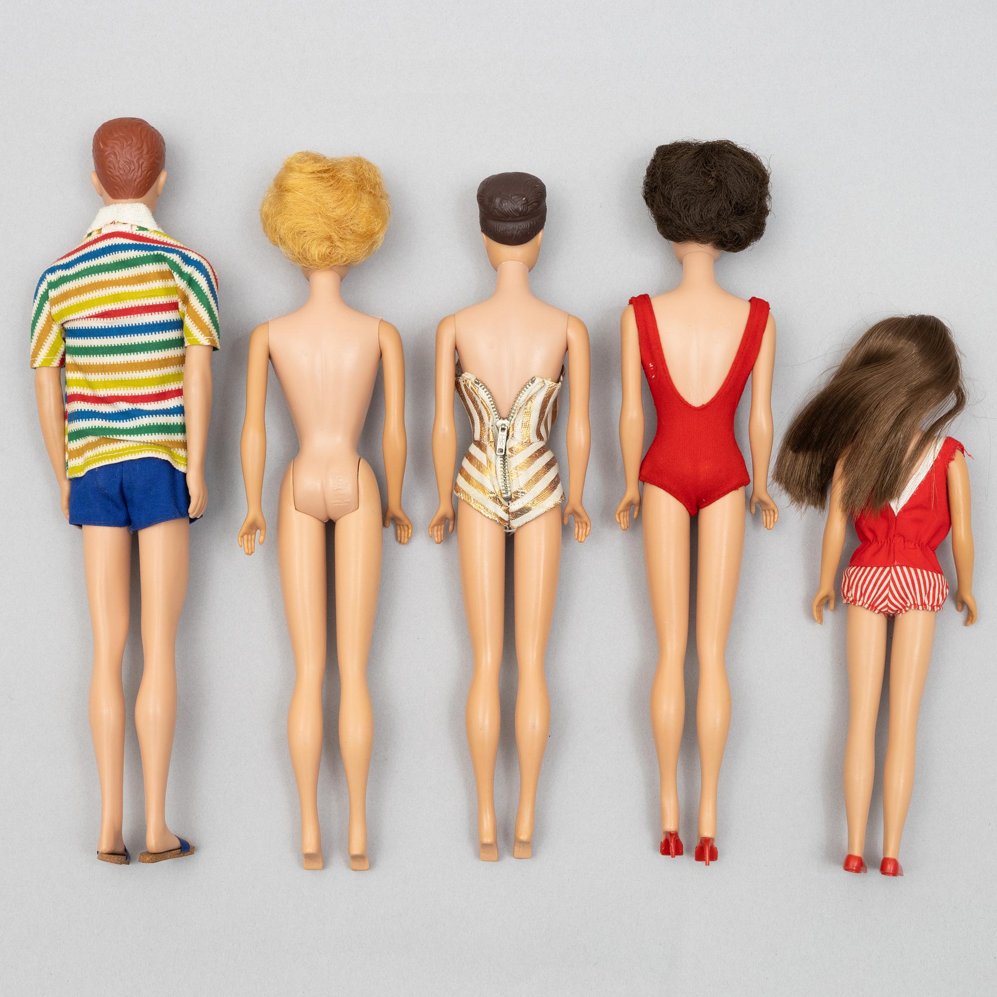 Barbiedockor, 5 st, bl a "Barbie Fashion Queen", "Skipper" & "Barbie bubble cut", Mattel, 1960-tal.