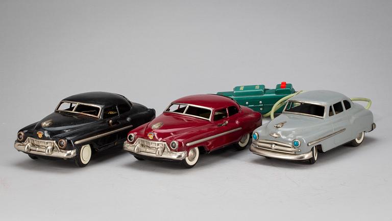 LEKSAKSBILAR, plåt, 3 st, bland annat ATC ASAHI TOY Co 1949.