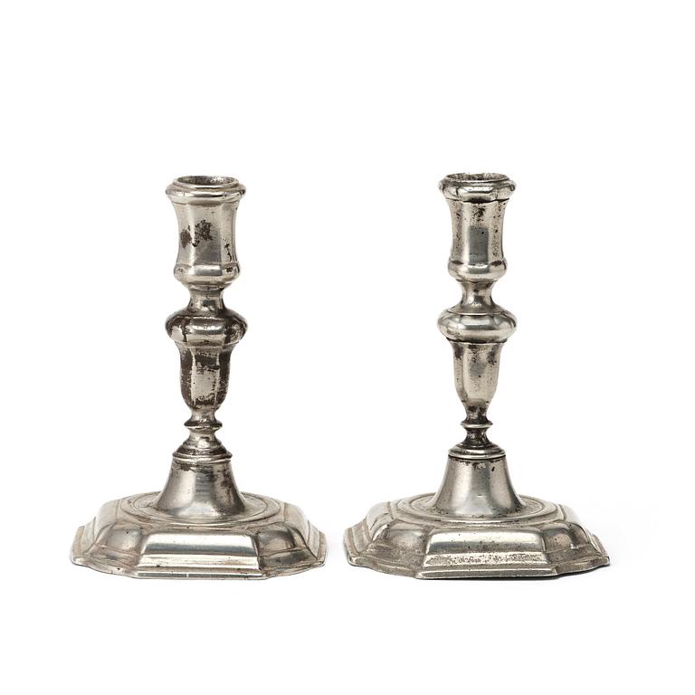 A pair of Swedish late Baroque pewter candlesticks by Nils Christophersson Forss.