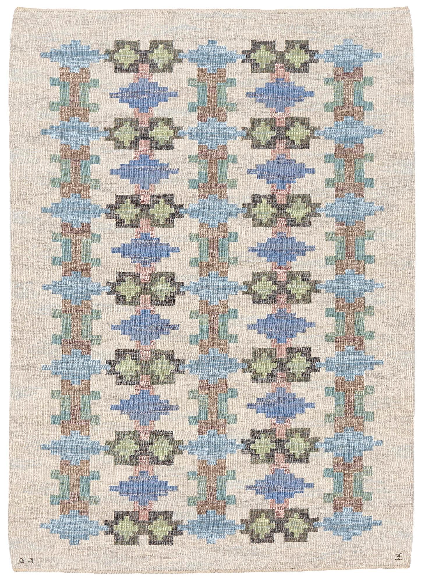 Judith Johansson, a carpet 'Riddarsporrar', flat weave, c. 245 x 177 cm, signed JJ E.