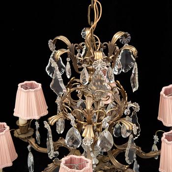 A brass and glass chandelier.