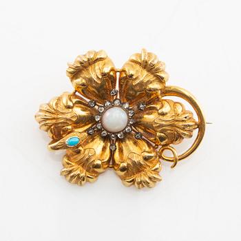Giron & Löngren, Brooch 18K gold with rose-cut diamonds, cabochon-cut turquoise, and an opal, Stockholm 1832.