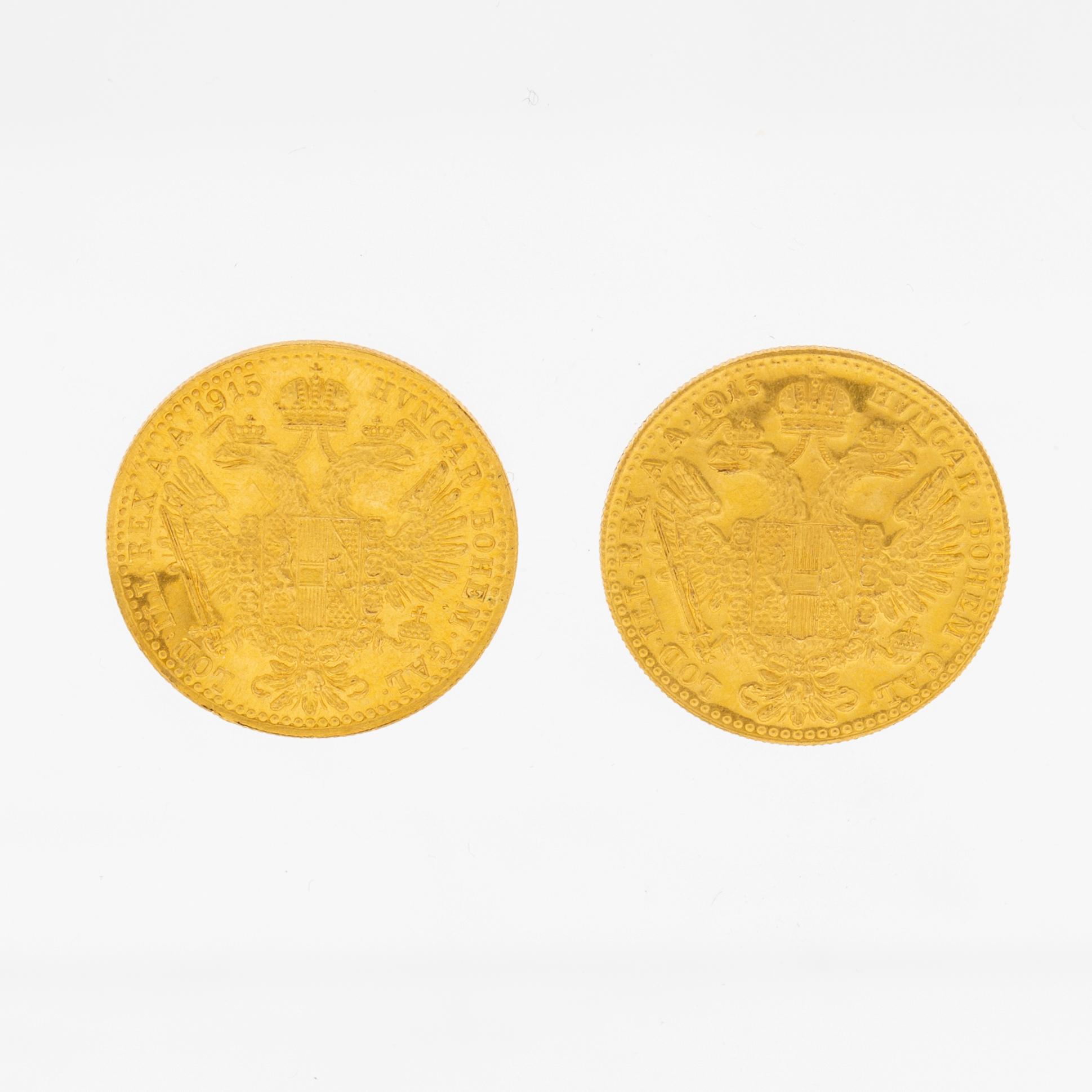 Coins 2 pcs 1 ducat gold, Austria-Hungary 1915.
