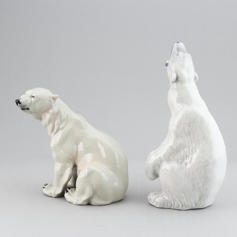 Two porcelain polar bear figurines, one marked Royal Copenhagen, 1966.