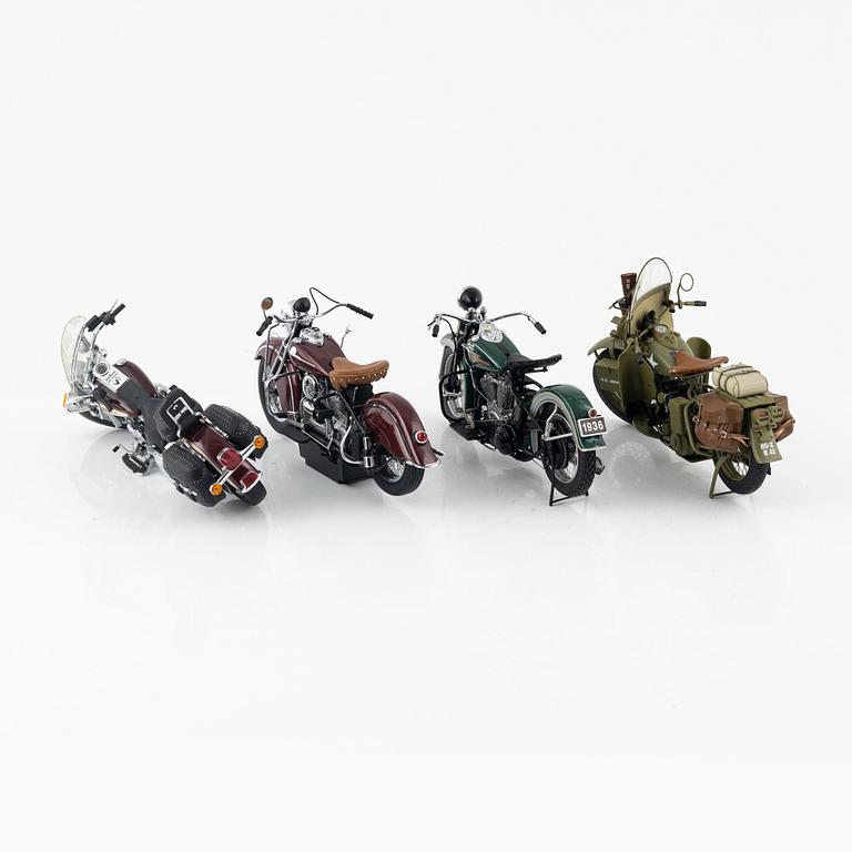 Four die cast model cars and four die cast model motor bikes, Franklin Mint.