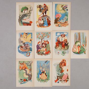 POSTKORTTEJA / TAIDEKORTTEJA, 10 kpl, Tove Janssonin mukaan, painettu signeeraus, Taidekorttikeskus 1941.