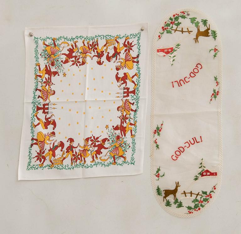 A collection of smaller Christmas tablecloths, runners, and wall hangings, approximately 34 pieces, mid/second half of the 20th century.