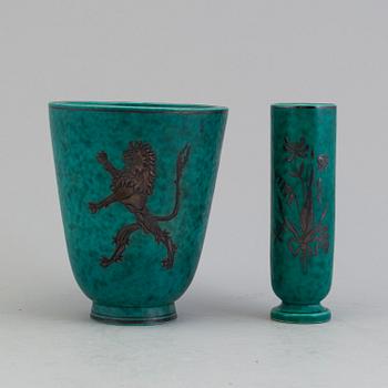 WILHELM KÅGE, vaser, 2 st, stengods, "Argenta", Gustavsberg, 1900-tal.