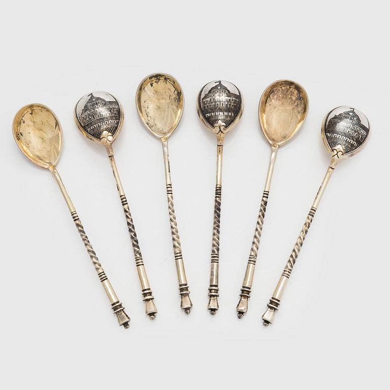 teskedar, 6 st, silver, niello, Moskva 1892. Kyrillisk mästrarstämpel AG.K.