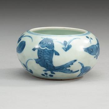 A blue and white brush washer, Qing dynasty, with Chenghua six character mark.