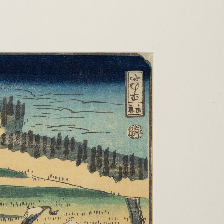 Ando Utagawa Hiroshige, träsnitt, 'Descending Geese at Shirahige'.