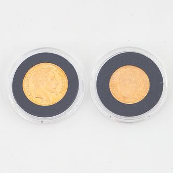 Napoleon III, France, two gold coins, 20 Franc, 1866 and 10 Francs 1859.