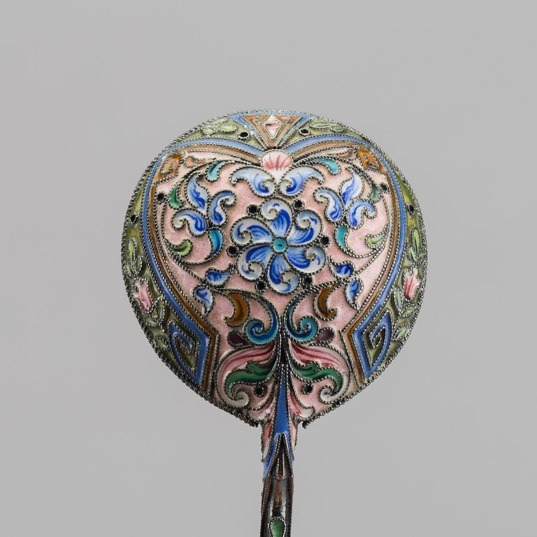 A set of six Russian silver and enamel spoons, around 1900 weight ca 195 gr.