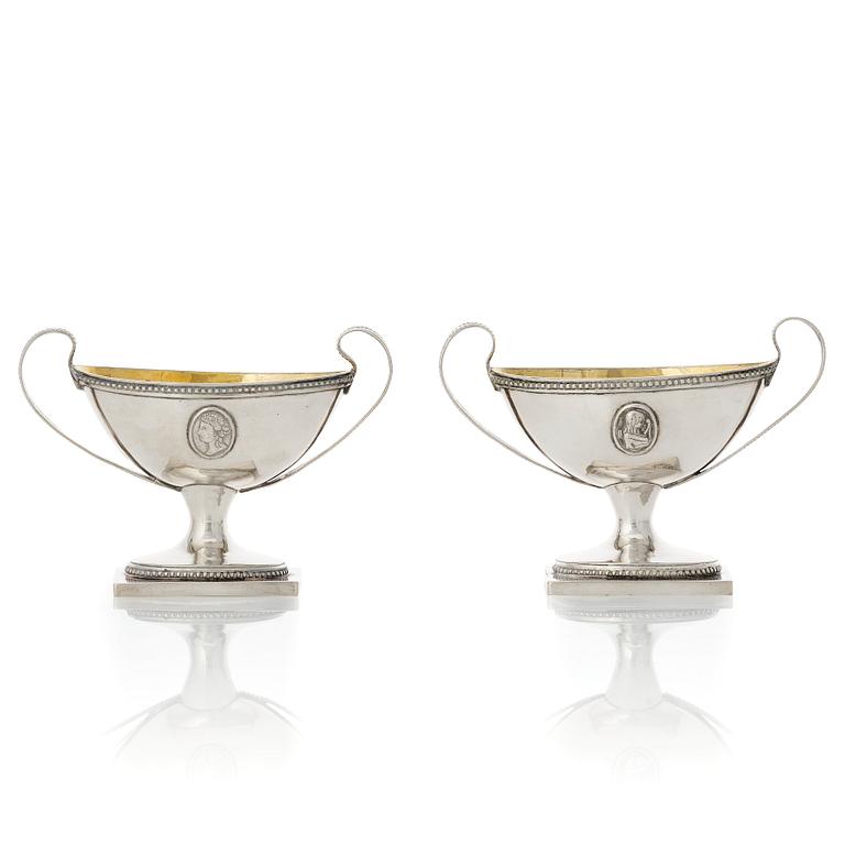 A pair of Swedish Gustavian parcel-gilt silver salt-cellars, mark of Johan Wilhelm Zimmerman, Stockholm 1791.