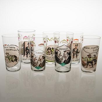 Seven 1930s drinking glasses.