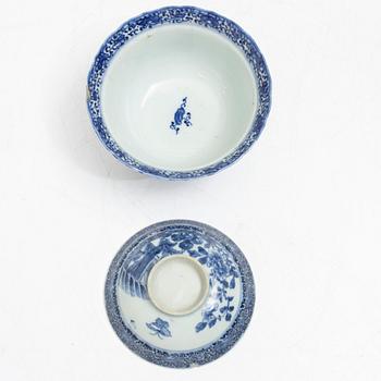 A blue and white butter dish with stand and cover, and a blue and white bowl with cover, China, Qianlong (1736-95).