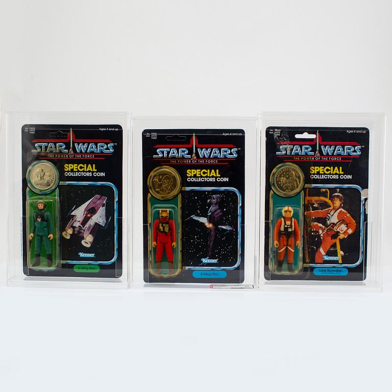 STAR WARS, Luke Skywalker (X-Wing Fighter Pilot), A-Wing Pilot & B-Wing Pilot AFA 85 NM+, POTF Kenner 1984.