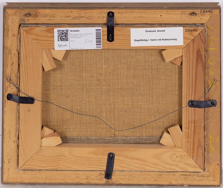 Anund Emanuel (Svensson), Anund Emanuel, Segelfartyg i hamn vid flodmynningen.