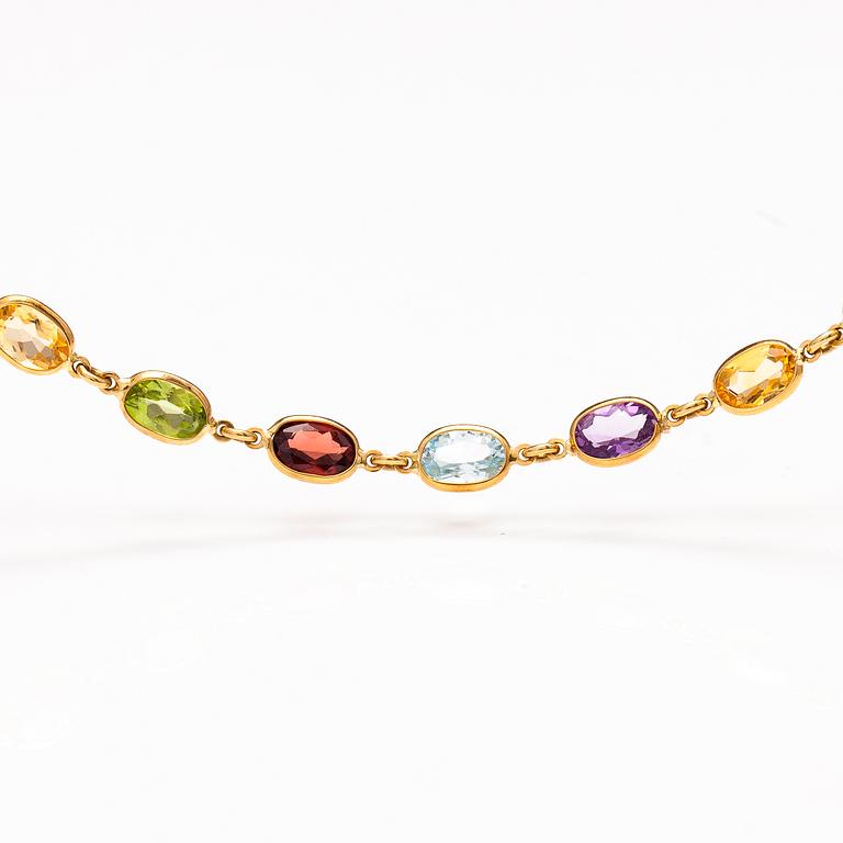 HALSBAND och ARMBAND, 18K guld, granater, peridoter, topaser, citriner och ametister. Le-Gi, Italien.