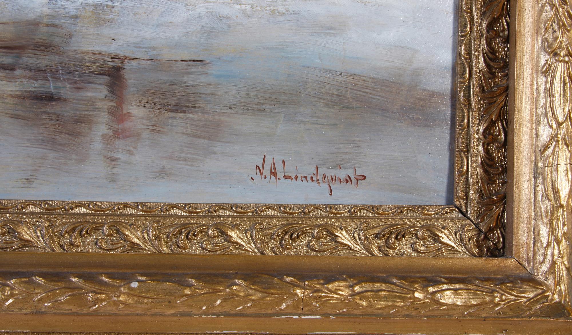 OKÄND KONSTNÄR, olja på pannå, sign N.A. Lindqvist. Sekelskiftet 1800/1900.