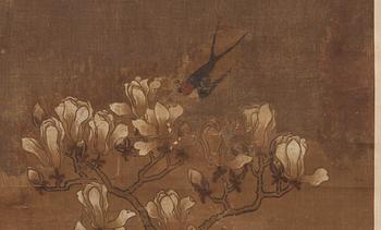 A hanging scroll of birds and magnolia in a garden, Qing dynasty.