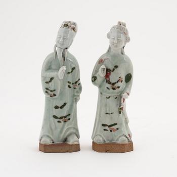 Two celadon glazed porcelain figurines of immortals, China, Qing dynasty, 18th Century.