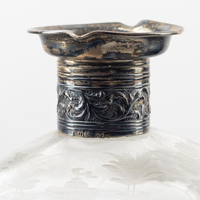 An etched glass and silver flask, later part of the 19th Century.