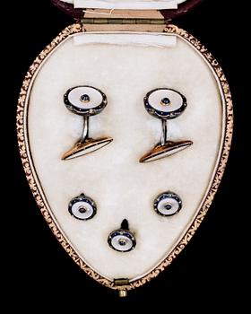 470. CUFFLINKS, gold/silver with enamel, mother of pearl and small diamonds.