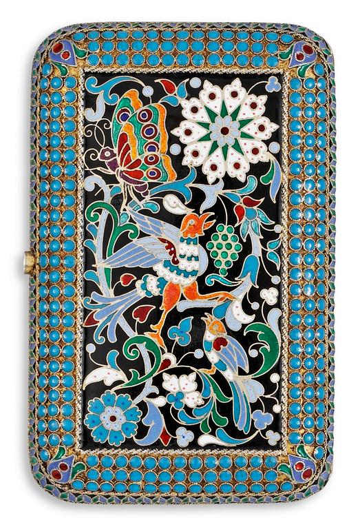 A RUSSIAN SILVER-GILT AND ENAMEL CIGARETT-CASE, makers mark of Pavel Ovchinnikov, Moscow 1880's.